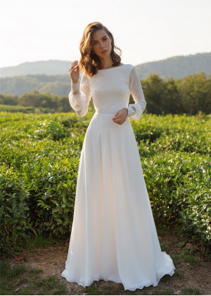 Long Sleeve Ivory Lace Chiffon V Back Wedding Dress Long Sleeve Ivory Lace Chiffon V Back Wedding Dress